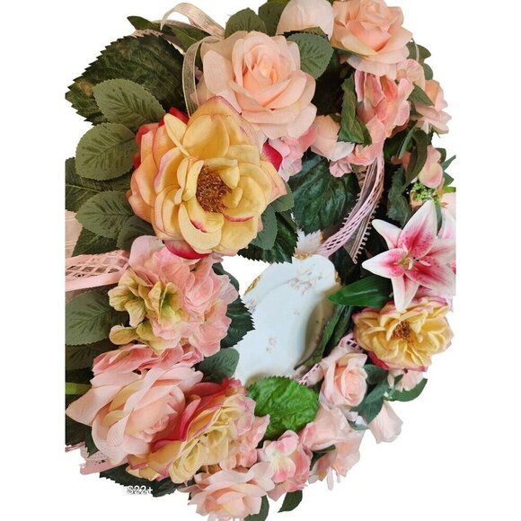Pink Artificial Floral Wreath With Roses & Lilies For Home Decor - Picture 2 of 15